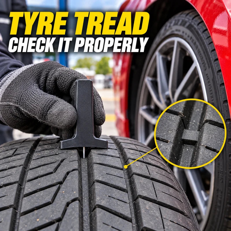 Tread-depth gauge checking a tyre groove with a wear-bar detail inset