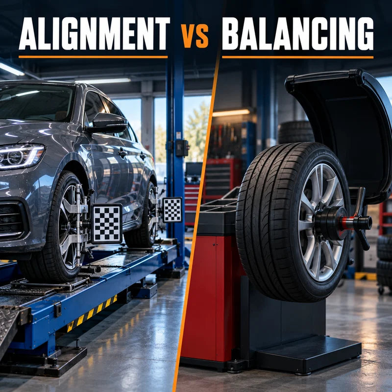 Side-by-side wheel alignment rack and wheel balancing machine