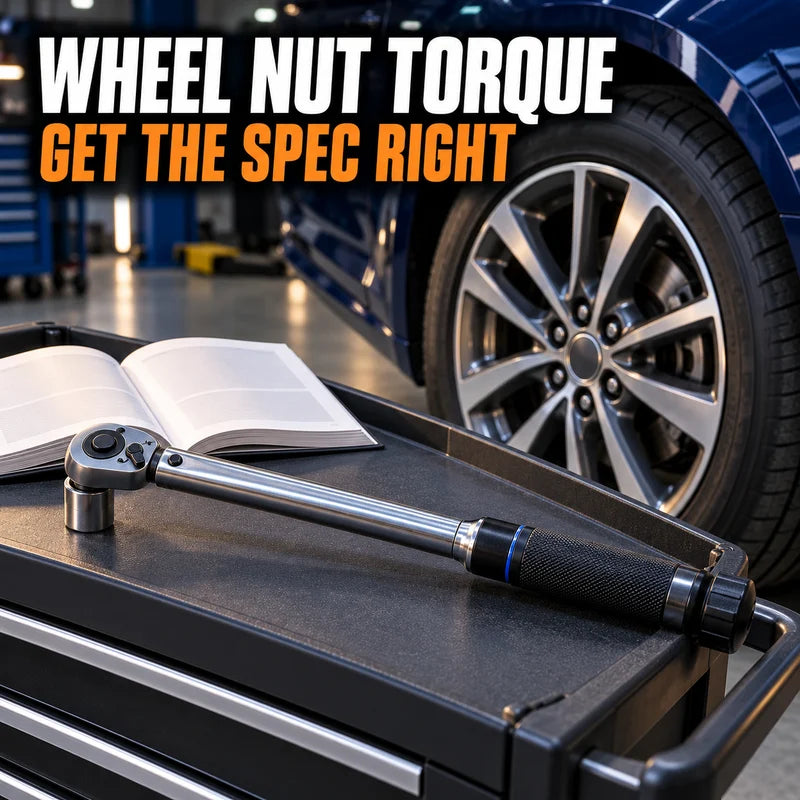 Torque wrench and vehicle handbook beside a parked car wheel