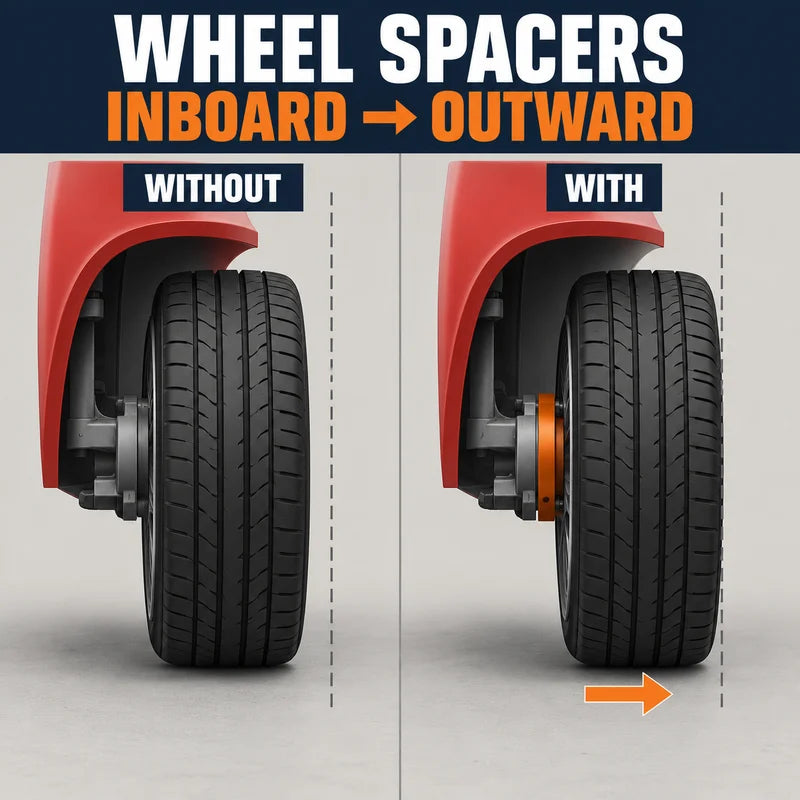 Schematic showing how a spacer shifts an unchanged wheel outward towards the wheel-arch reference line