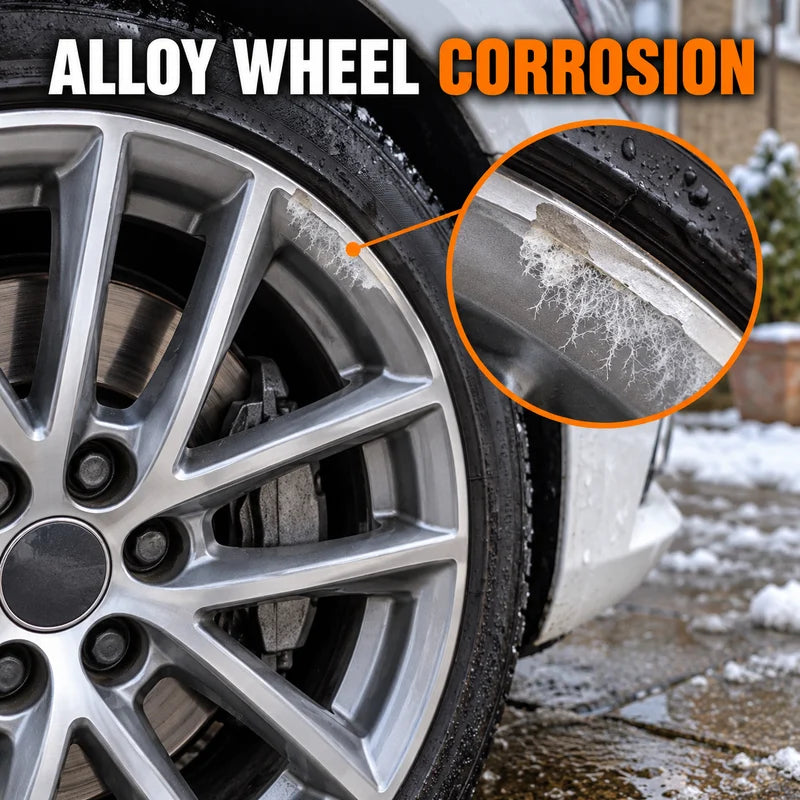 Cloudy corrosion beneath damaged lacquer on a car's alloy wheel