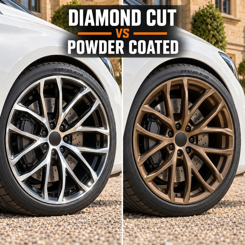 Matching premium Y-spoke wheels comparing machined silver faces with a uniform satin bronze coating