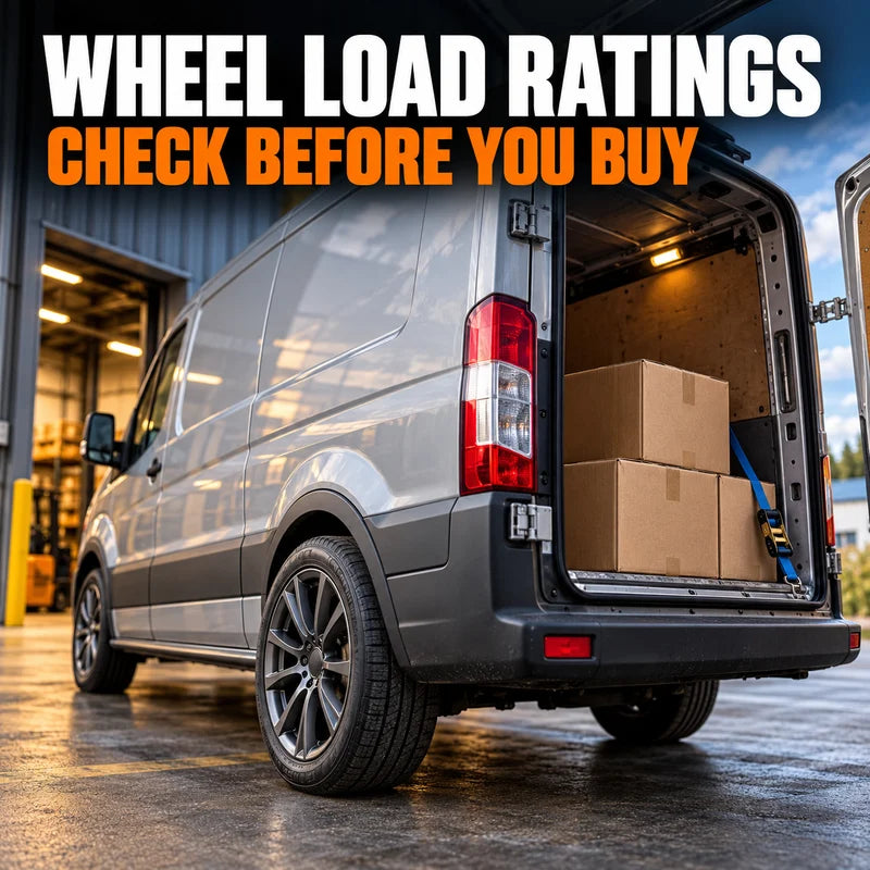 Loaded silver panel van with emphasis on its rear wheel and a wheel load ratings headline