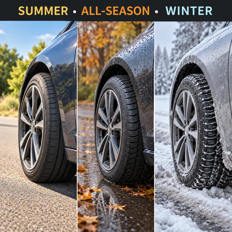 Three car tyre scenes showing summer, wet all-season and winter conditions