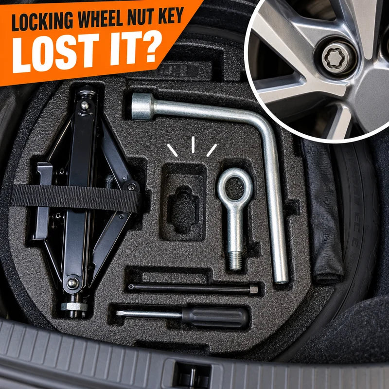 Open car toolkit with an empty key recess and a locking wheel fastener inset