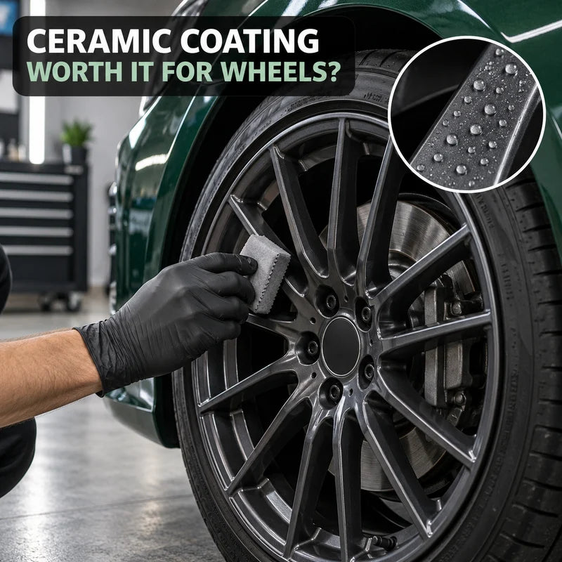 Detailing a clean wheel with a coating applicator and a water-beading detail