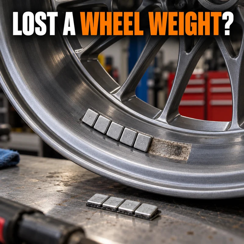 Adhesive balancing weights and a nearby empty adhesive patch inside a wheel barrel