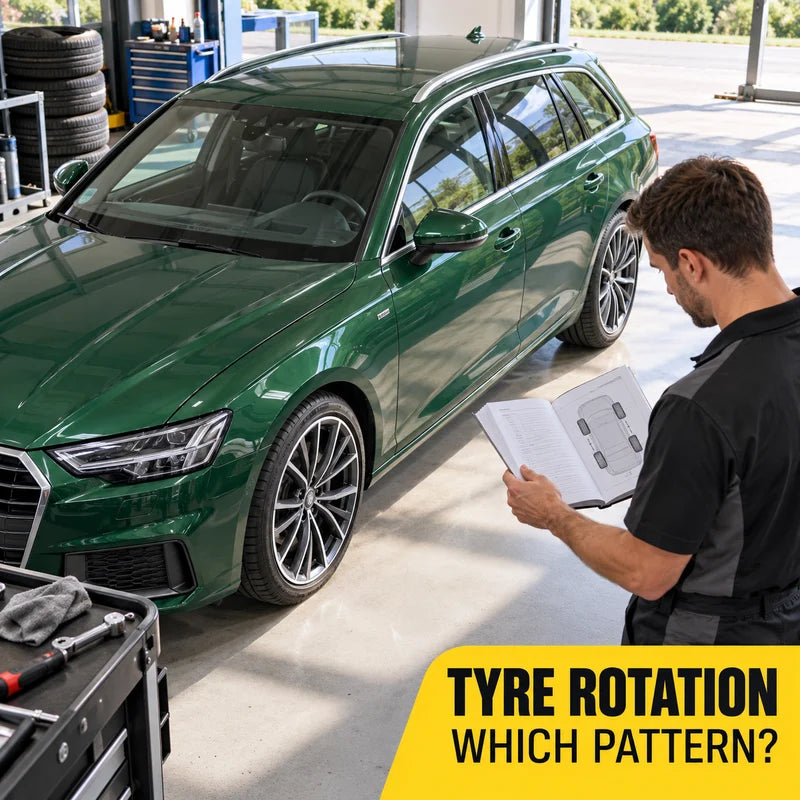 Technician consulting a vehicle handbook beside an estate car before planning tyre rotation