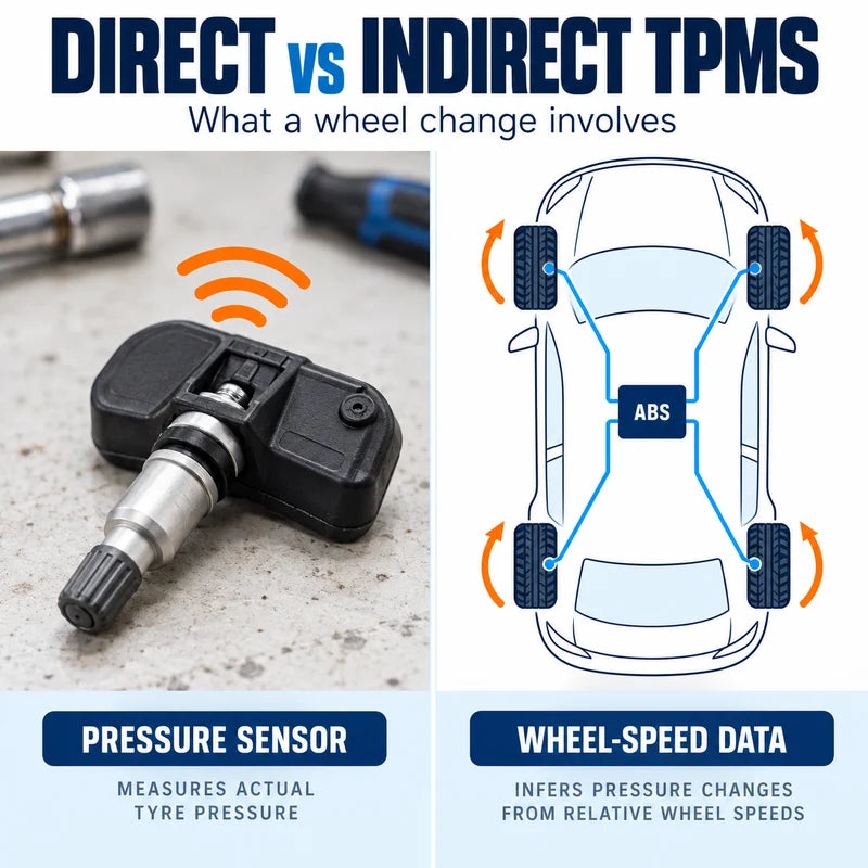 Direct TPMS sensor beside a conceptual indirect wheel-speed monitoring diagram