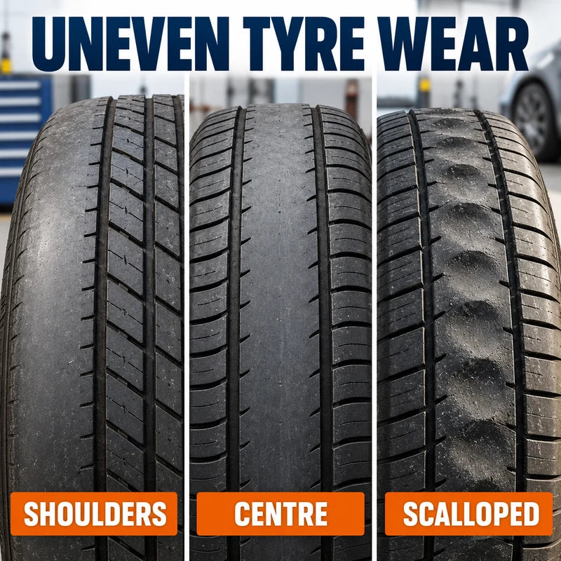 Illustrative shoulder, centre and scalloped tyre-wear patterns