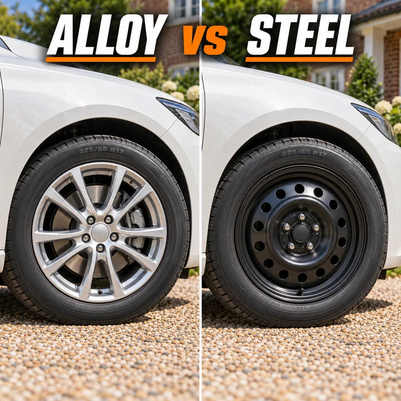 Premium Y-spoke alloy wheel compared with a pressed-steel wheel on a white estate car