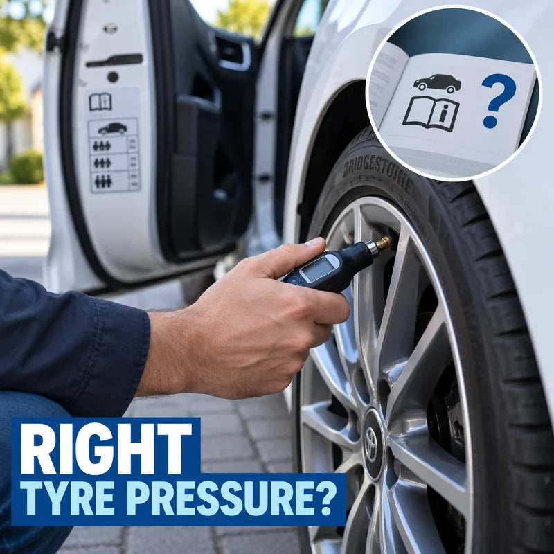 Pressure gauge at a wheel valve with the vehicle pressure placard in the background