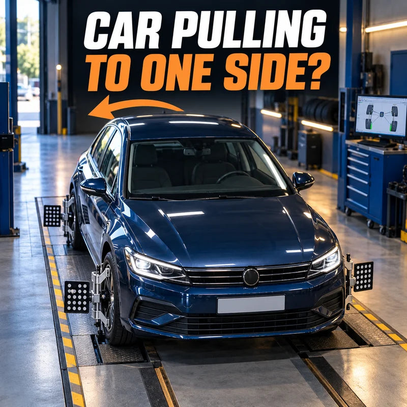 Car in an inspection bay with an editorial arrow illustrating pulling to one side