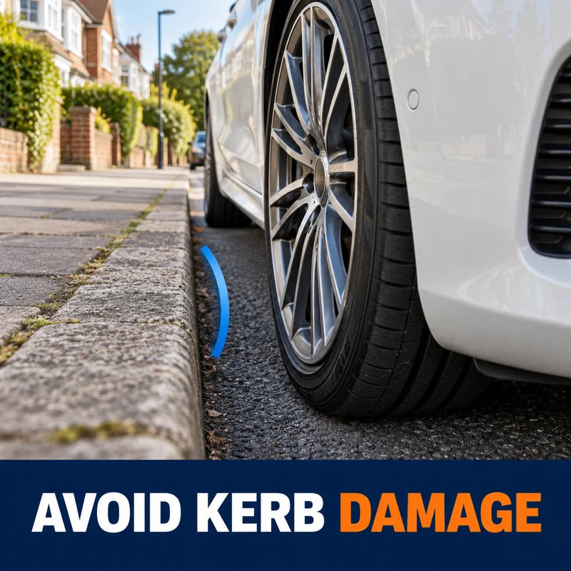 Car wheel parked parallel to a kerb with visible clearance