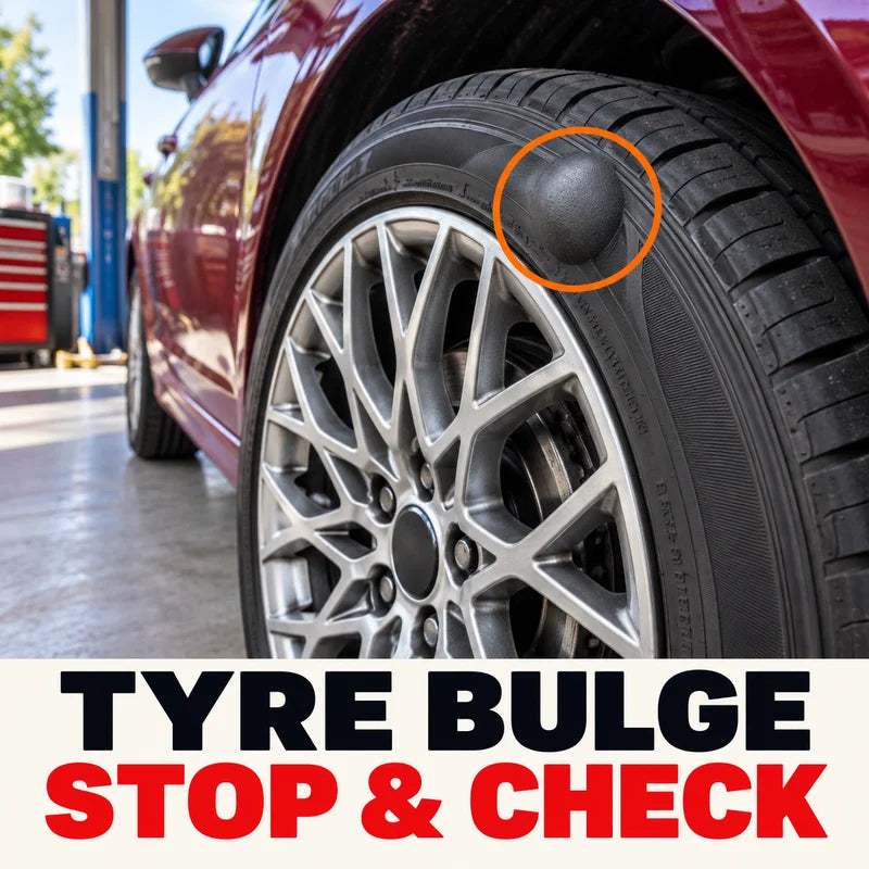 Outward tyre sidewall bulge on a parked vehicle awaiting inspection