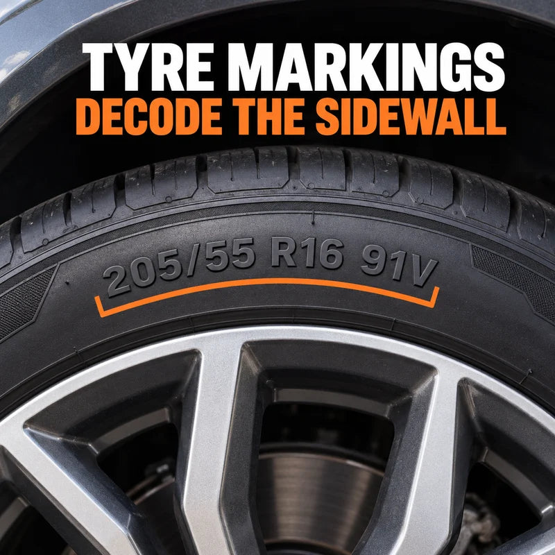 Tyre sidewall close-up highlighting the illustrative marking 205/55 R16 91V
