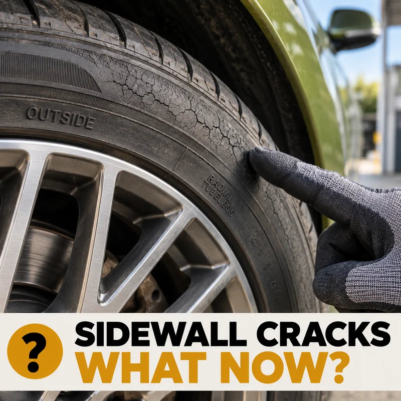 Fine age-related cracks in a tyre sidewall being inspected
