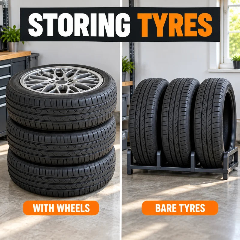 Mounted wheel assemblies stacked flat beside bare tyres stored upright indoors