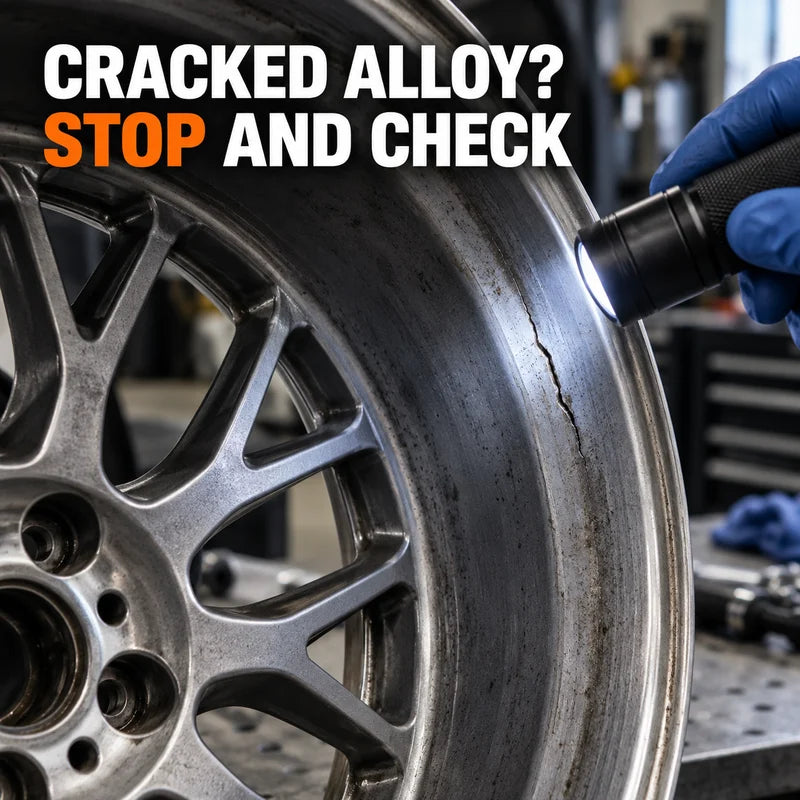 Inspection light highlighting a small crack in an alloy wheel barrel