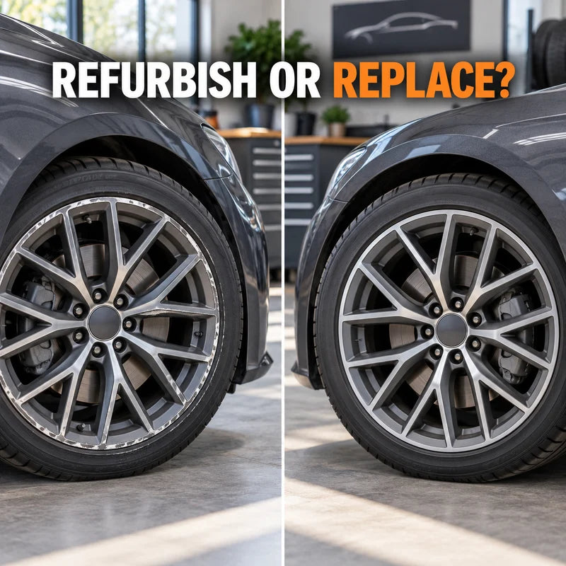 Cosmetically scuffed wheel beside a pristine matching wheel finish