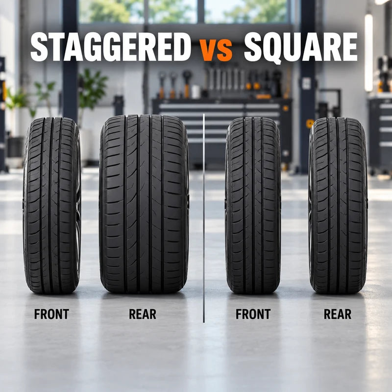 Front and rear tyre pairs comparing unequal staggered widths with matching square widths