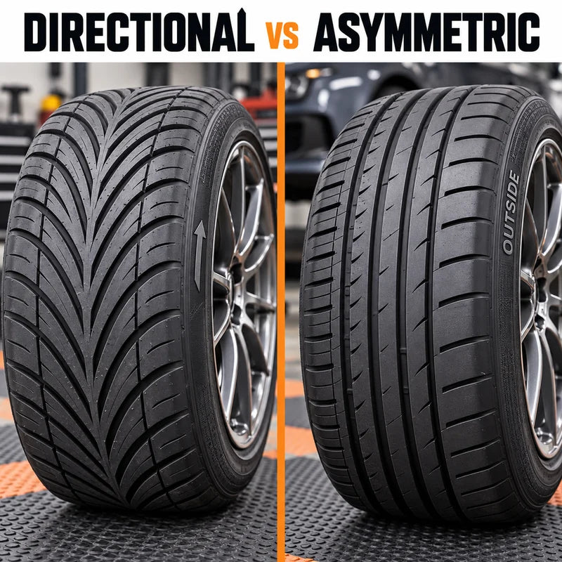 Directional V-shaped tread and rotation arrow compared with asymmetric tread and an Outside marking