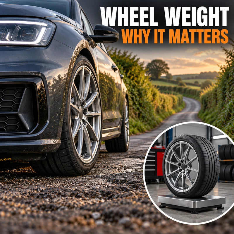 Car wheel on an uneven country lane with an inset of a wheel and tyre on a scale