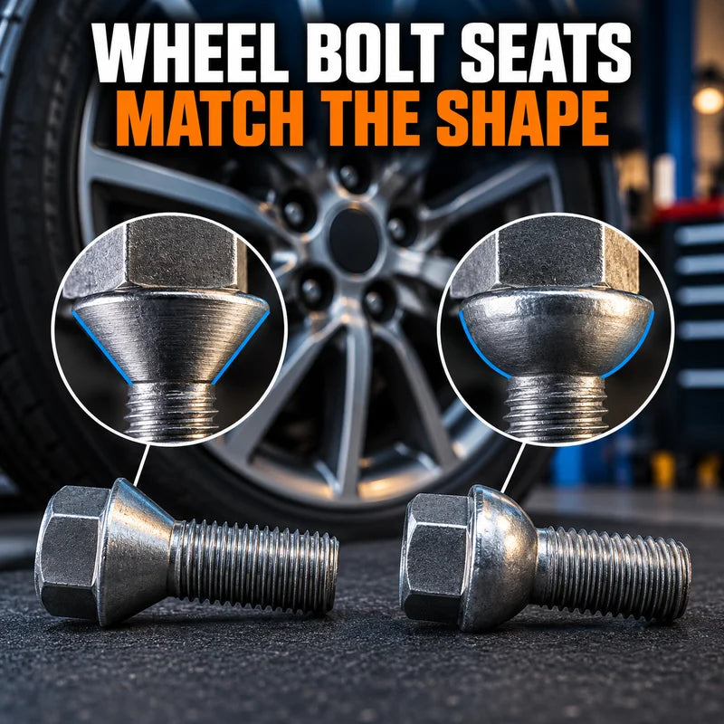 Workshop comparison highlighting the tapered and rounded seating surfaces of wheel bolts