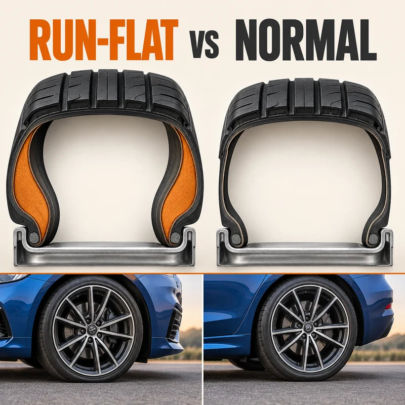 Illustrative tyre cross-sections comparing reinforced run-flat and conventional sidewalls