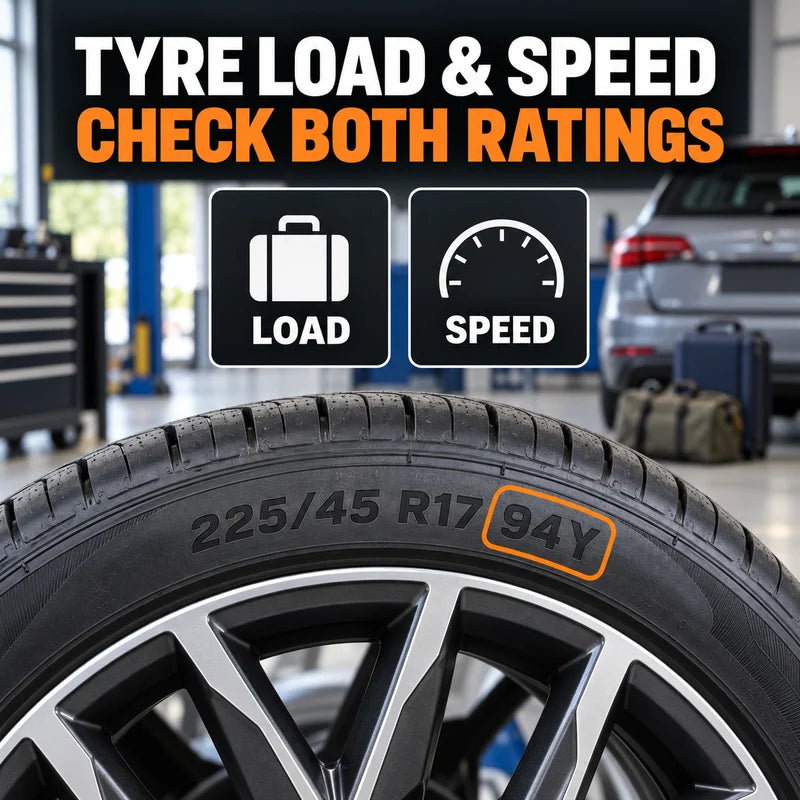 Tyre sidewall with the load index and speed symbol highlighted