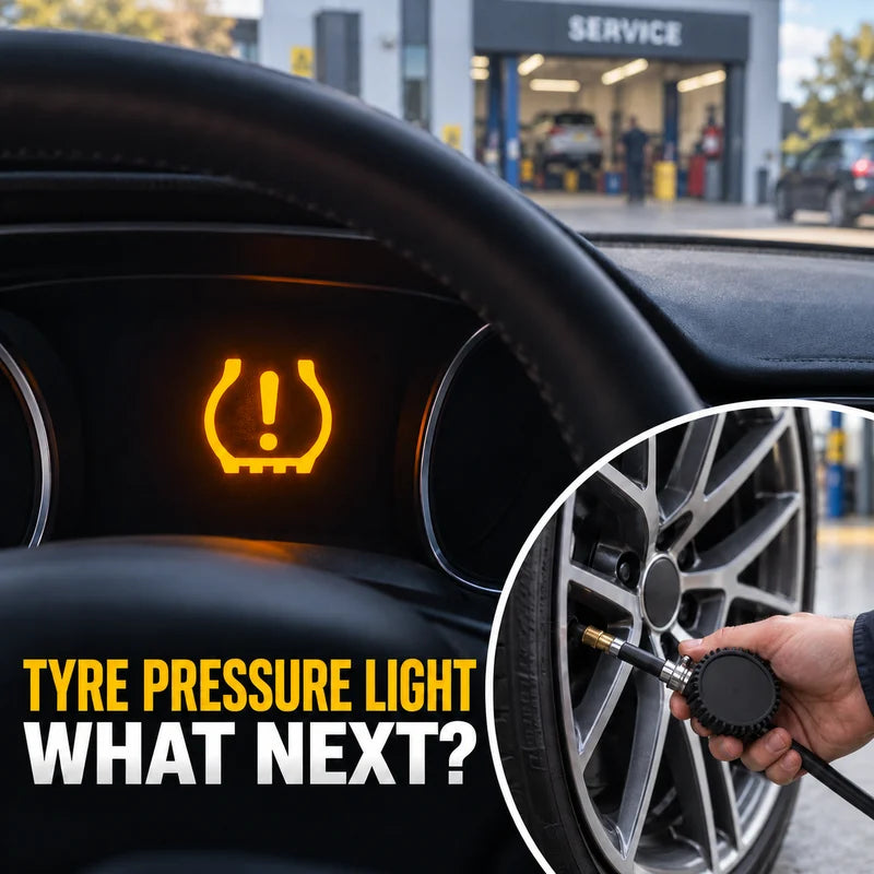 Amber tyre-pressure warning symbol with a tyre-pressure check inset