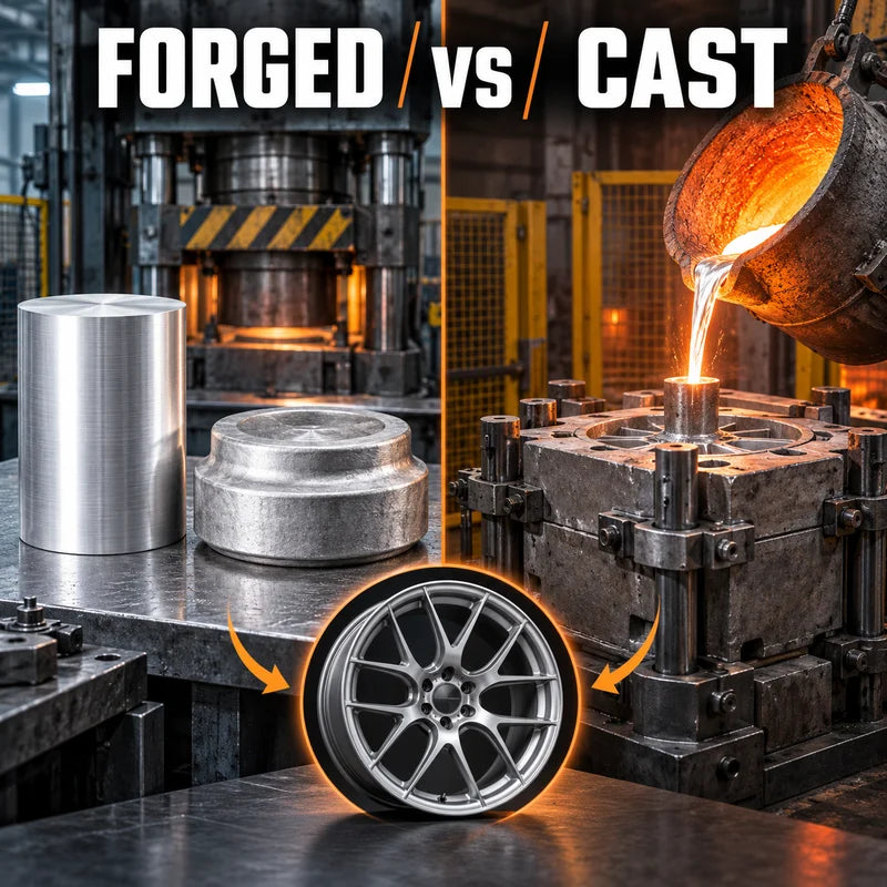 Solid aluminium billet and forging blank compared with molten aluminium entering a casting mould