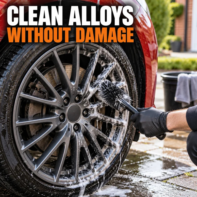 A fitted alloy wheel being cleaned with a soft brush and foam